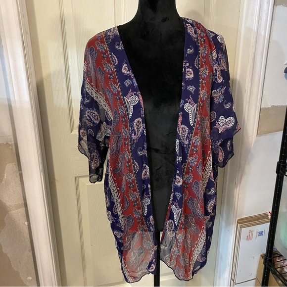 loyo Tops - Loyo sheer paisley Light Kimono Wrap Shrug Shawl Swim Coverup Blue print flowy